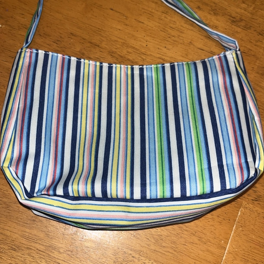 Striped Multicolor Pastel Blue White Green Pink Yellow Zippered Shoulder Bag - Picture 4 of 13